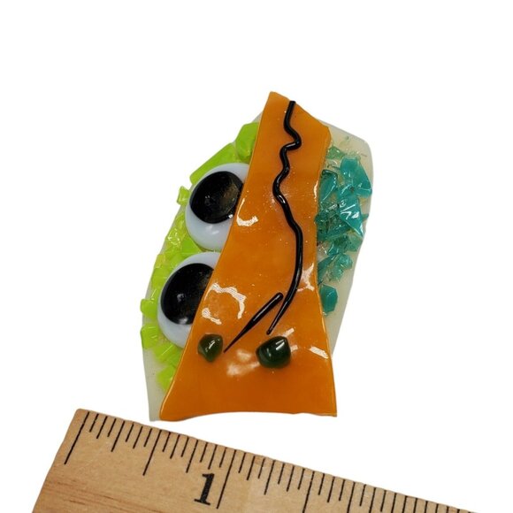 Fused Glass Art Brooch Pin Monster Big Eyes Sun Hat Blue Green Orange 2.5"x1.5" - Picture 7 of 8